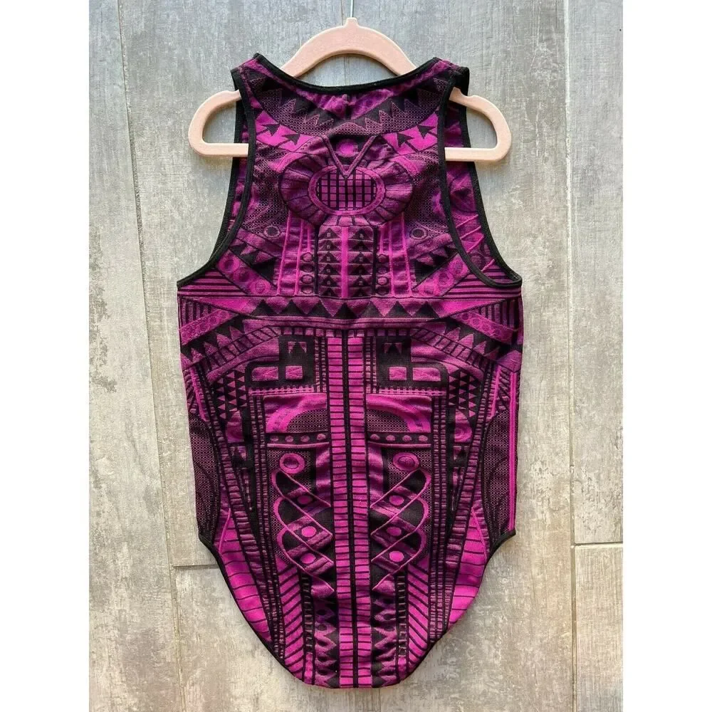 Intimately Free People Tribal Fitted Purple Black High Neck Stretch Bodysuit M